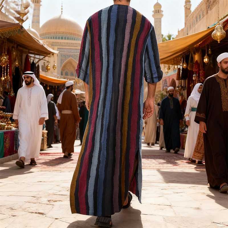 New Men Islam Qamis Muslim Striped Robes Long Sleeve Button-down Arabian Kaftan Suit Middle East Dubai Abaya Summer Man Clothing W251216