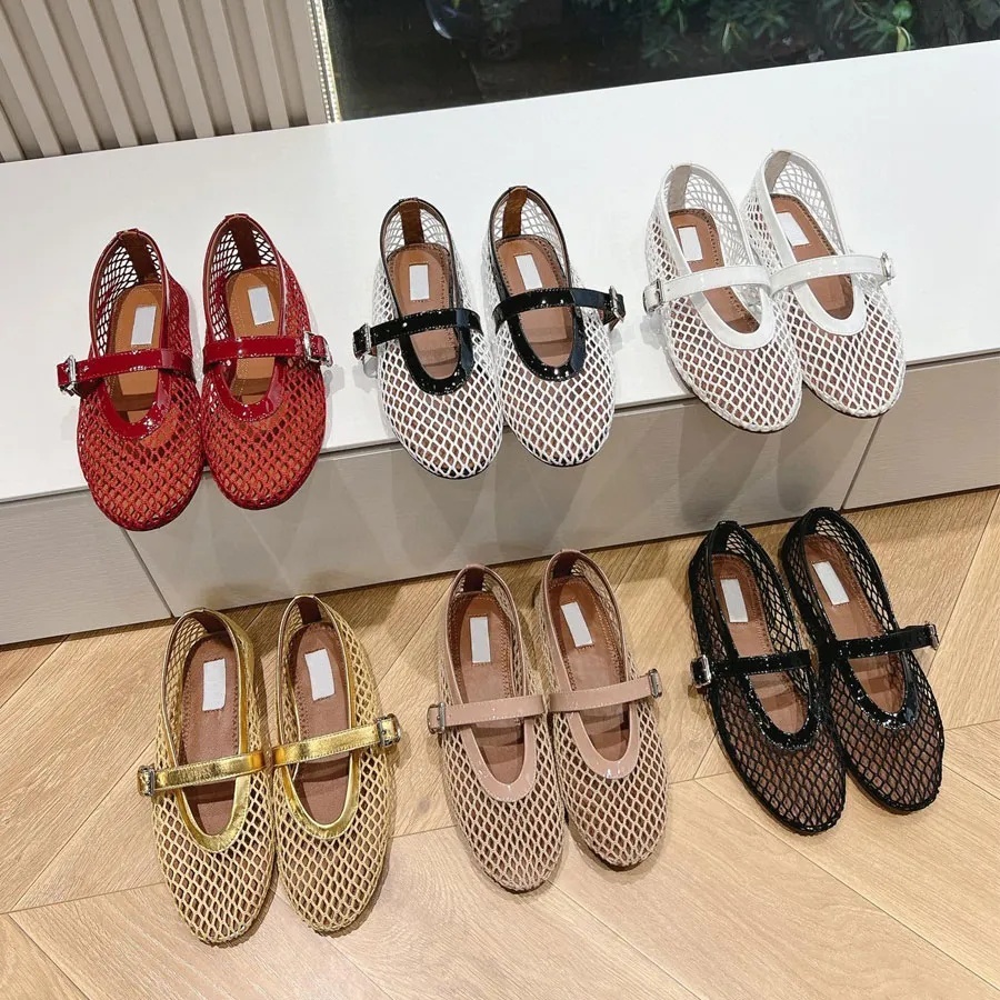top quality Round-toe mesh Ballet flats Mary Jane with strap Flat loafers Dress slip on Real leather designer shoe holiday shoes