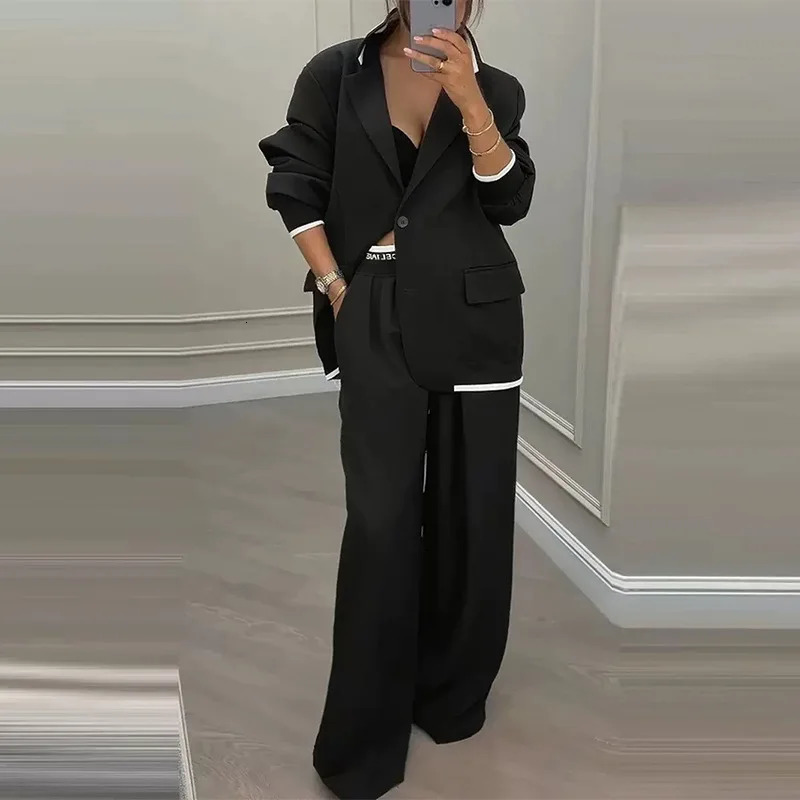 Elegant Dark Gray Acetate Women's Blazer and Wide Leg Pants Set - Relaxed Fit Two-Piece Suit for Business - view 6