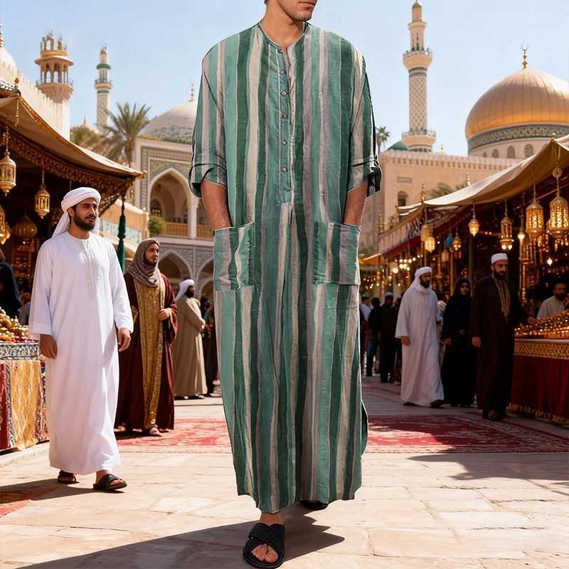 New Men Islam Qamis Muslim Striped Robes Long Sleeve Button-down Arabian Kaftan Suit Middle East Dubai Abaya Summer Man Clothing W251216