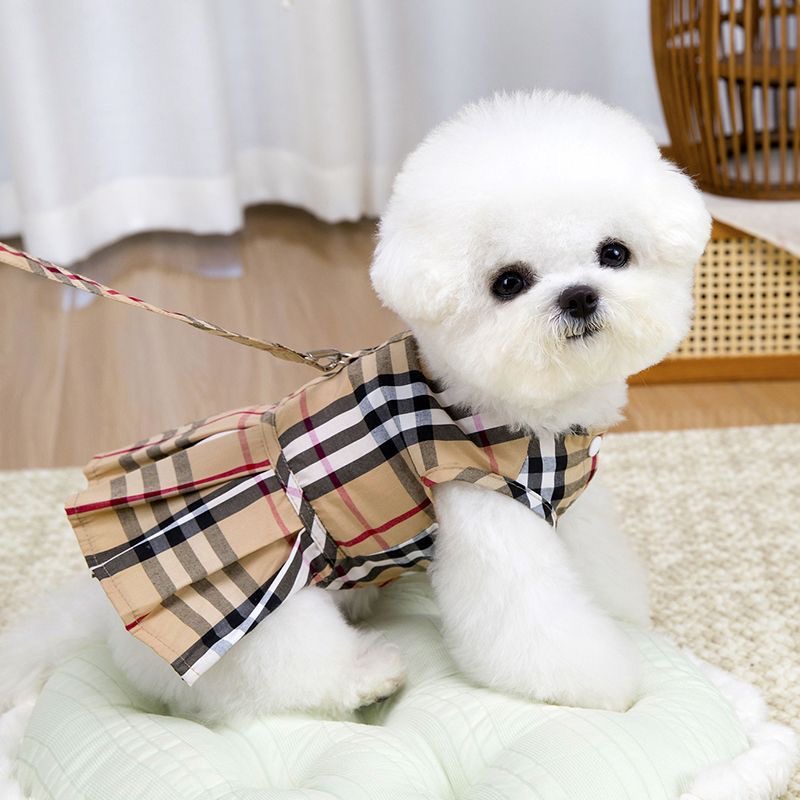 Luxury Dog Clothes Elegant Checkered Dog Harness Dress with Leash Set Stylish Plaid Pet Skirt for Small Breeds Bichon Frise Yorkie Birthday Gift for D