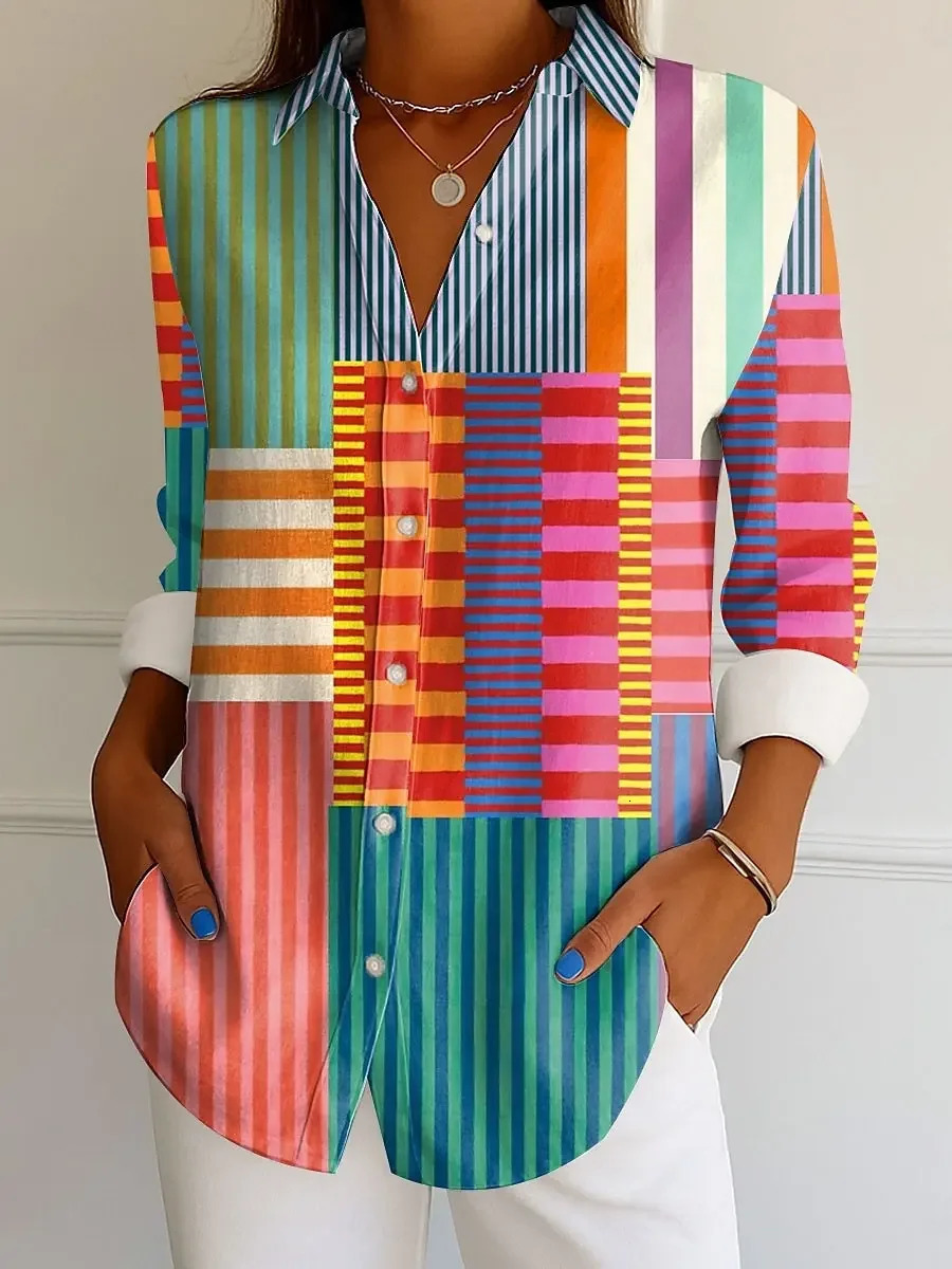 Womens Shirt Graphic Geometric Striped Fashion Tropical Daily Long Sleeve Shirts Collar Regular Tops Buttons Print Autumn 260416 - view 3