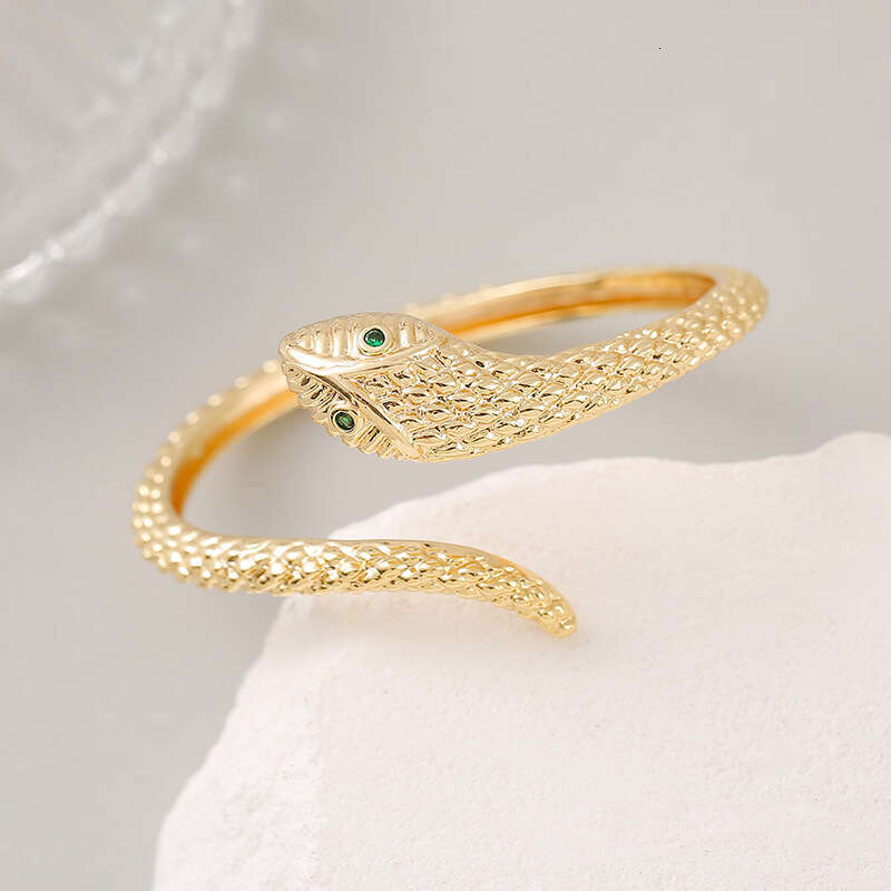 European And American Style Personalized Light Luxury Snake-Shaped Open Cross-Border Four-Leaf Clover Bracelet, 14K Gold, Pure Copper Material, Zircon