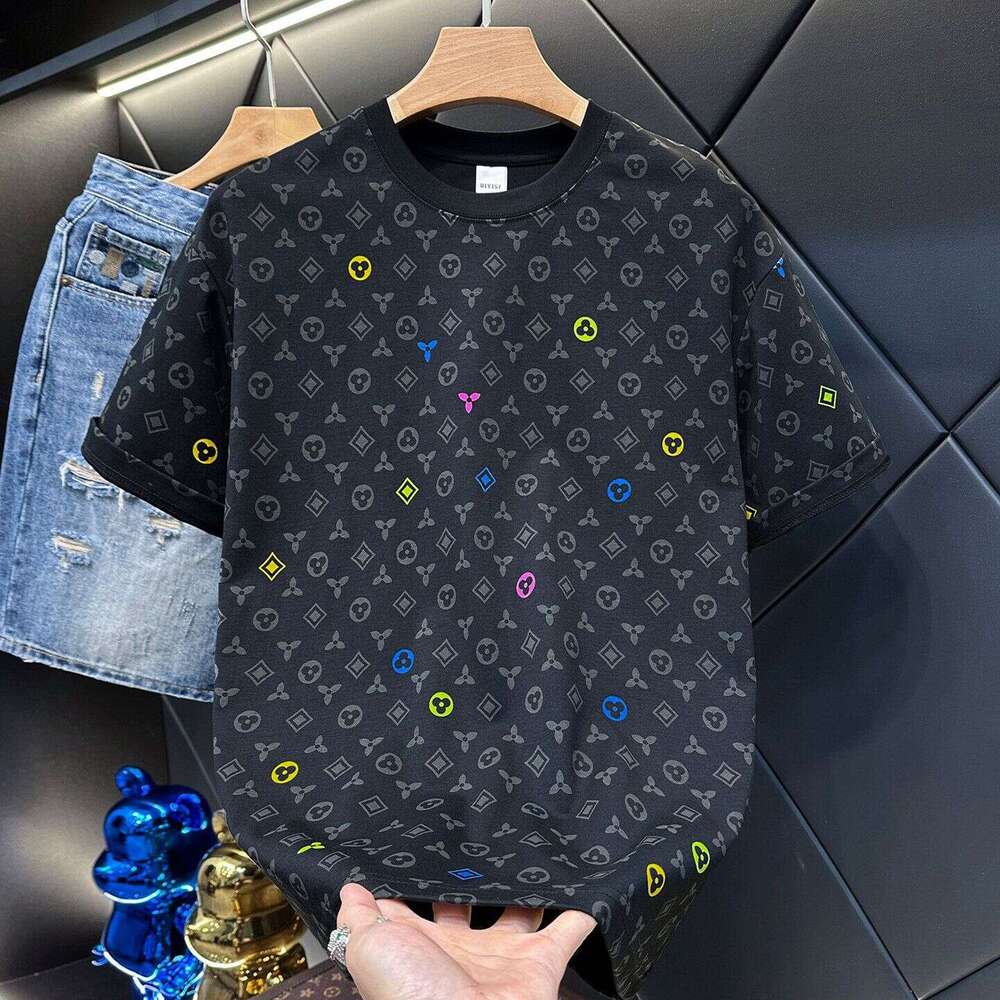 2026 Summer New Style Full-Print Vintage Short-Sleeve Mens Heavyweight T-Shirt Trendy Luxury Versatile Round-Neck Top Stylish Base Shirt Asia Size