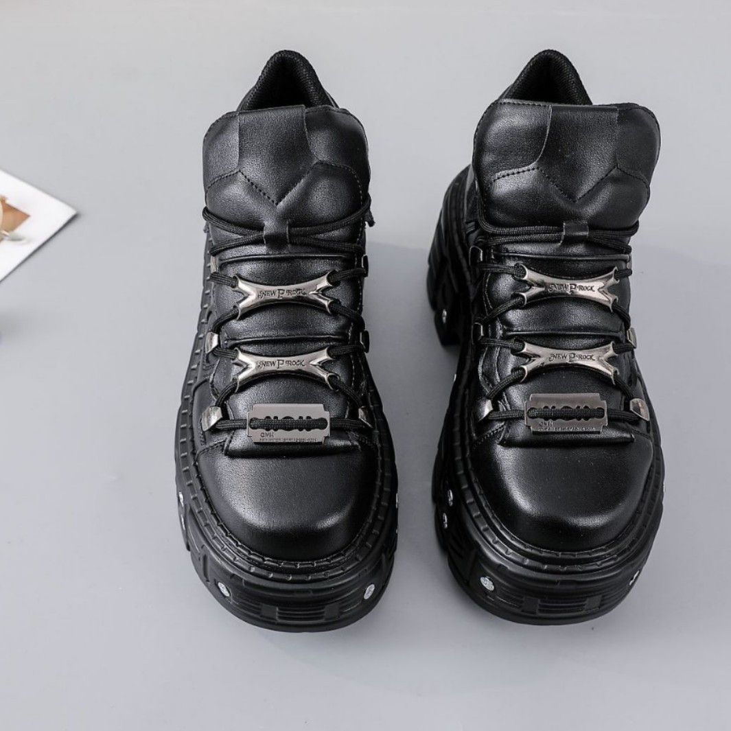 Stylish Fashion Men Leather Shoes Formal Dress Business Rivet Versatile Round Toe Leather Chunky Vintage Rock Gothic Punk Shallow Lace Up Shoes