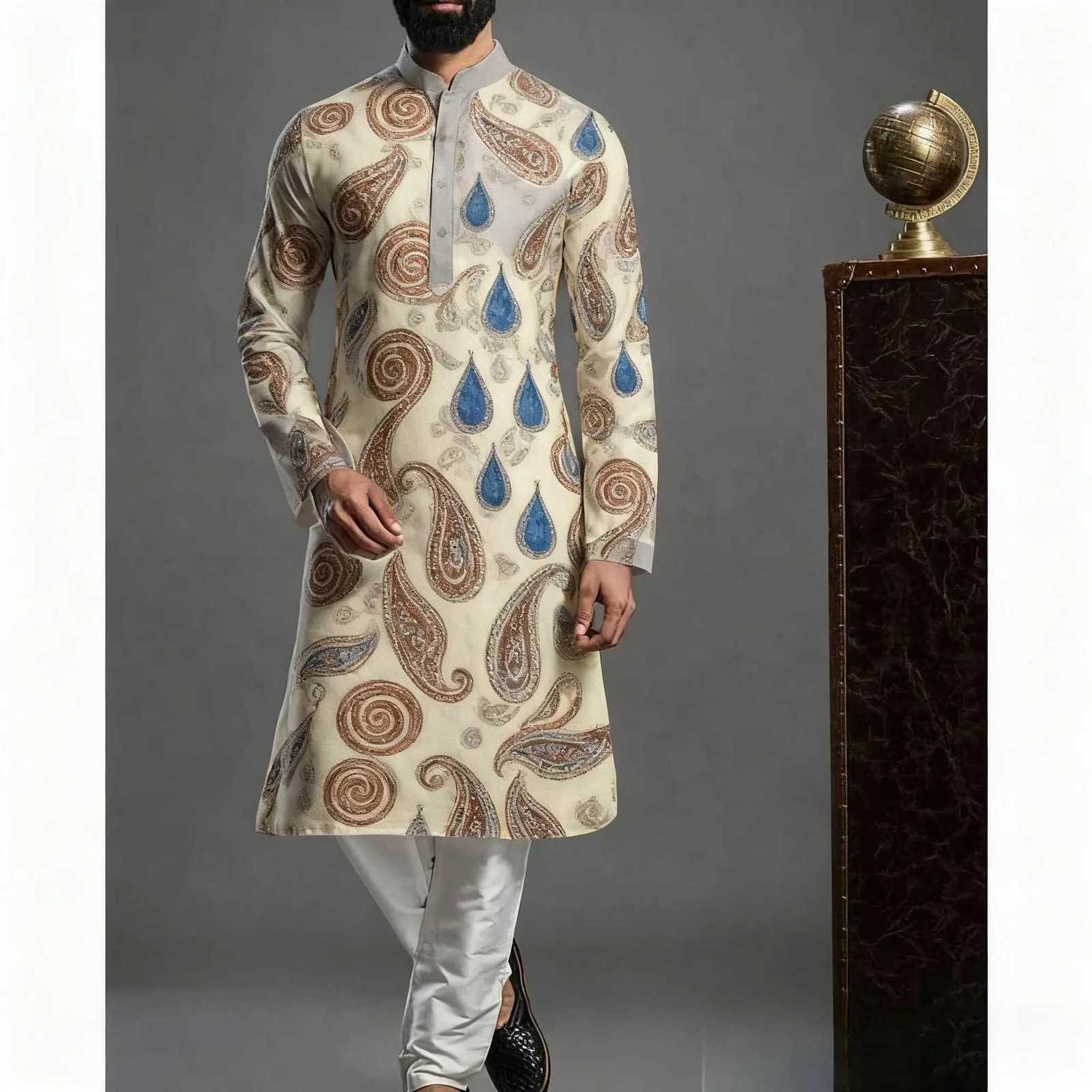 Mens Islamic Arabic Abaya Robe Ethnic Print Stand Collar Youth Mid-length Shirt Luxury Coat Casual Turkish Suit For Men W251216