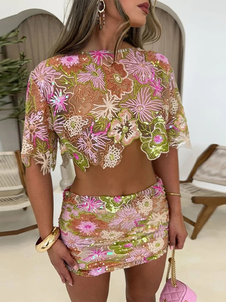 Retro Embroidered Sequins Top Long Skirt Set Lady Sexy Irregular Short Tops Perspective Beads Skirts Sets Women Chic Street 260416