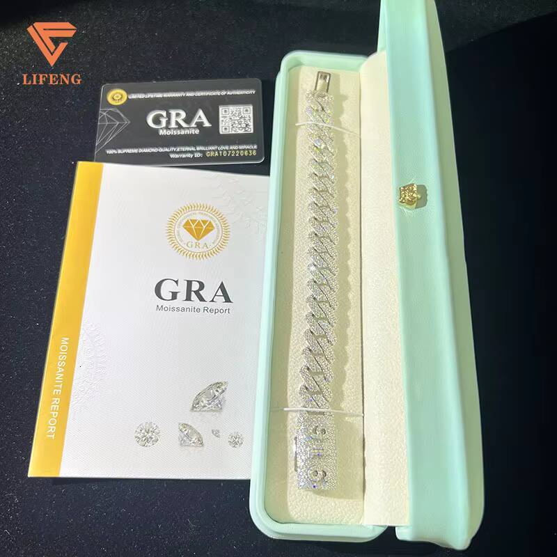 Lifeng Jewelry Custom Name Cuban Link Chain Bracelet Ice 14MM 2rows VVS Moissanite Silver White Gold Plated Cuban Chain