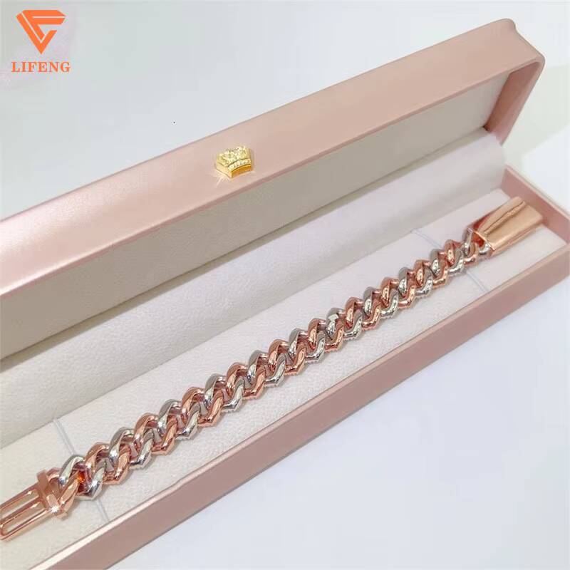 Custom 15mm 925 Sterling Silver Fine Chains Mens Two-Tone Rose Gold Cuban Link VVS Moissanite Diamond Test Ice Charms Bangles