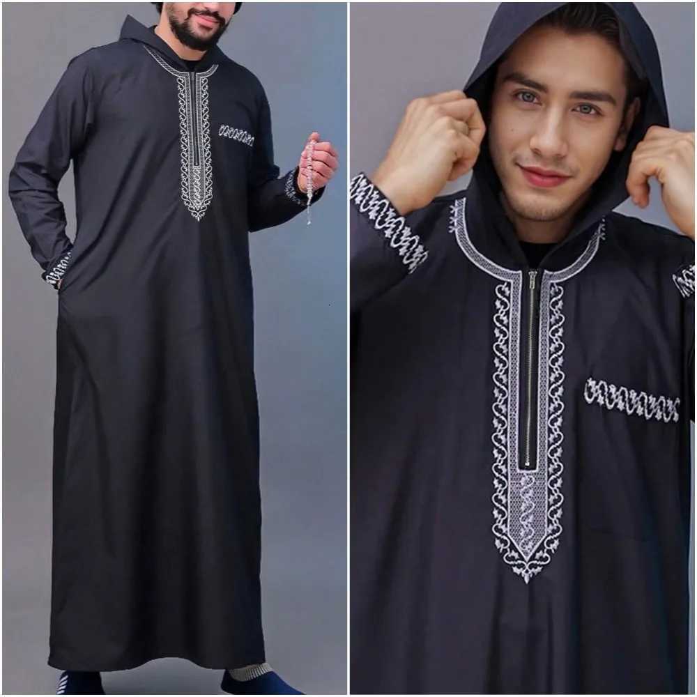 Mens Ethnic Pattern Embroidery Zipper Hooded Robe Traditional Long Sleeve Pocket Jubba Thobe for Daily Wear Man Islamic Thobe W251216