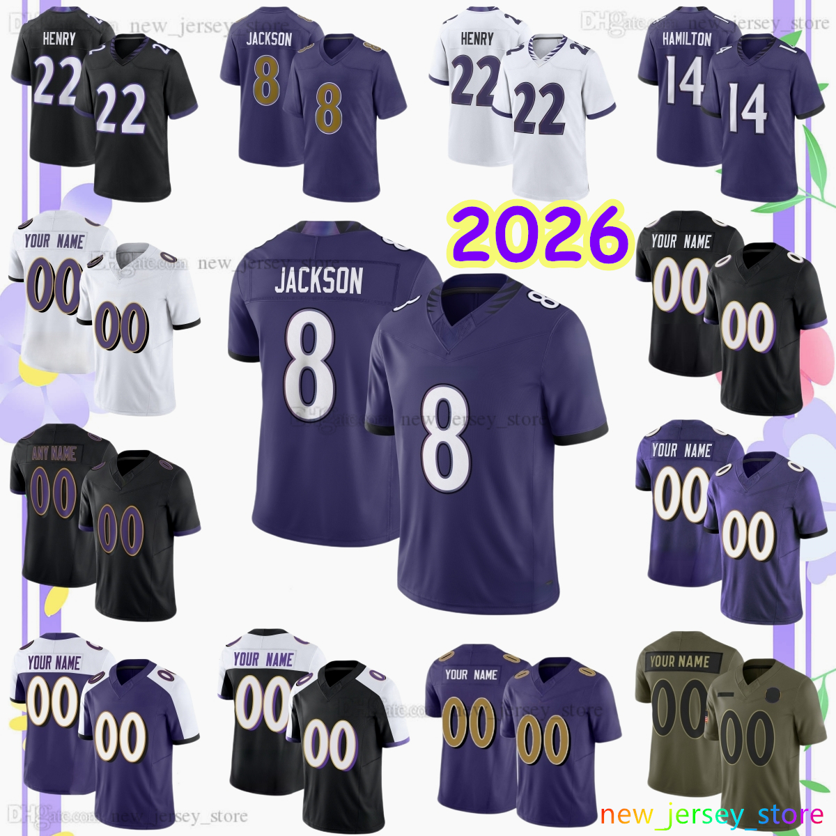 8 Lamar Jackson New Football Jersey 4 Zay Flowers 14 Kyle Hamilton 22 Derrick Henry 89 Mark Andrews 2 Nate Wiggins 54 Roquan Smith Malaki Starks Custom Stitched Jerseys