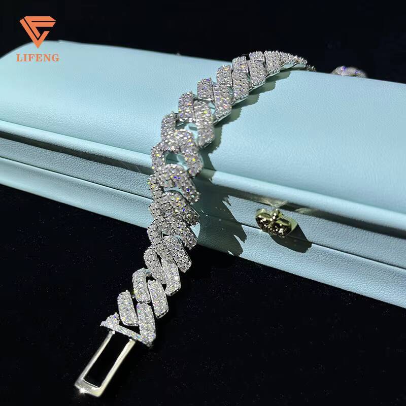 Lifeng Jewelry Custom Name Cuban Link Chain Bracelet Ice 14MM 2rows VVS Moissanite Silver White Gold Plated Cuban Chain