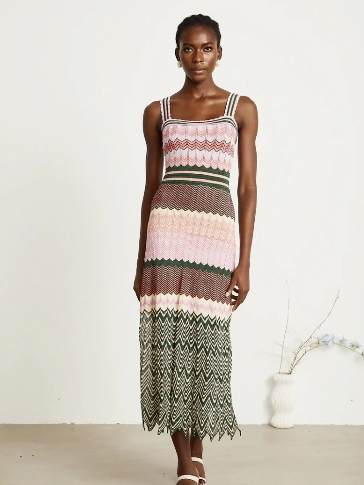 Knitted Zigzag High Elasticity Color Sleeveless Long Maxi Dress Women Arab Africa Boho Lady Skirt 260416