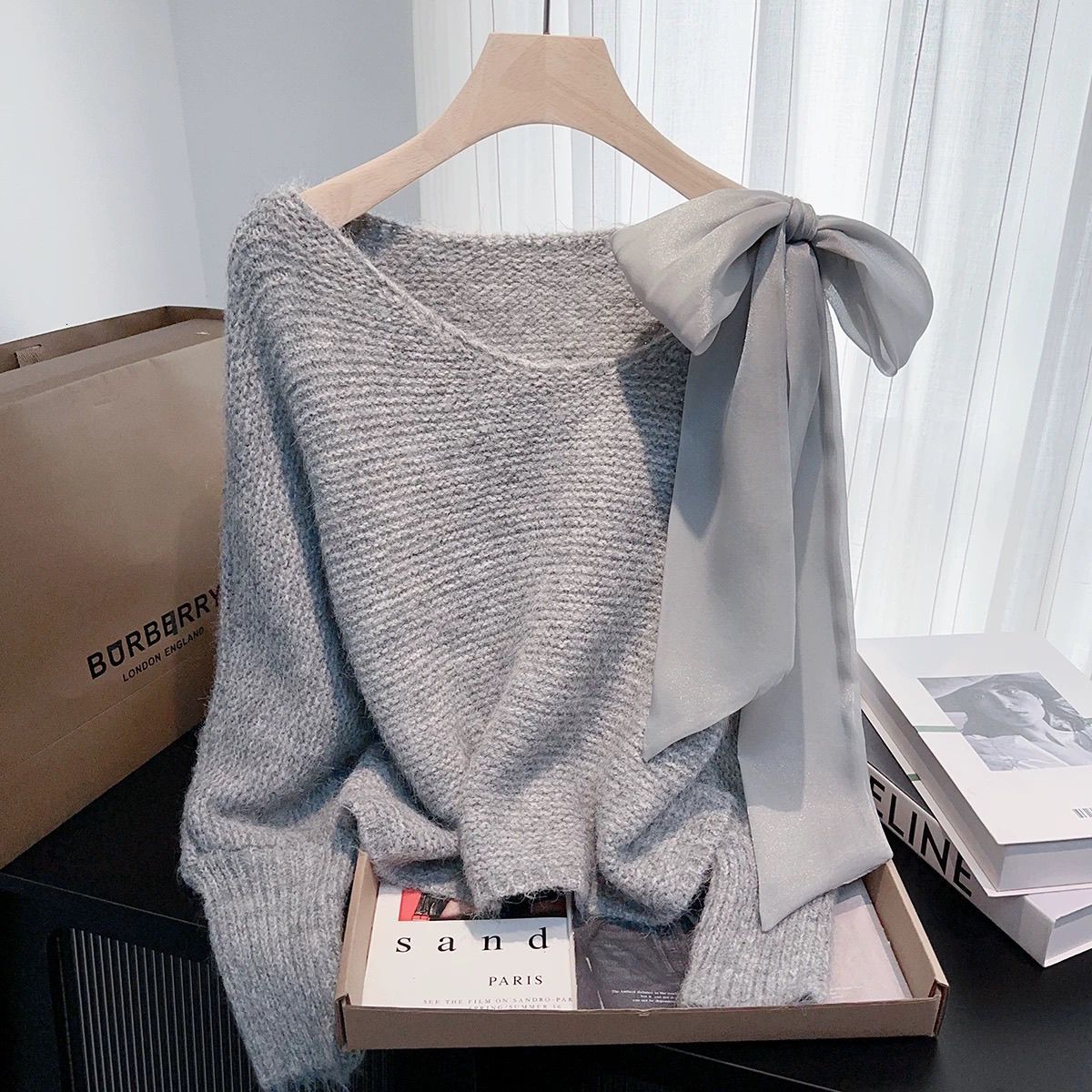 Lazy Style Sweet Bow Batwing Sleeve Sweater Autumn Winter Loose Short Cute Top for Women 260417 - view 4
