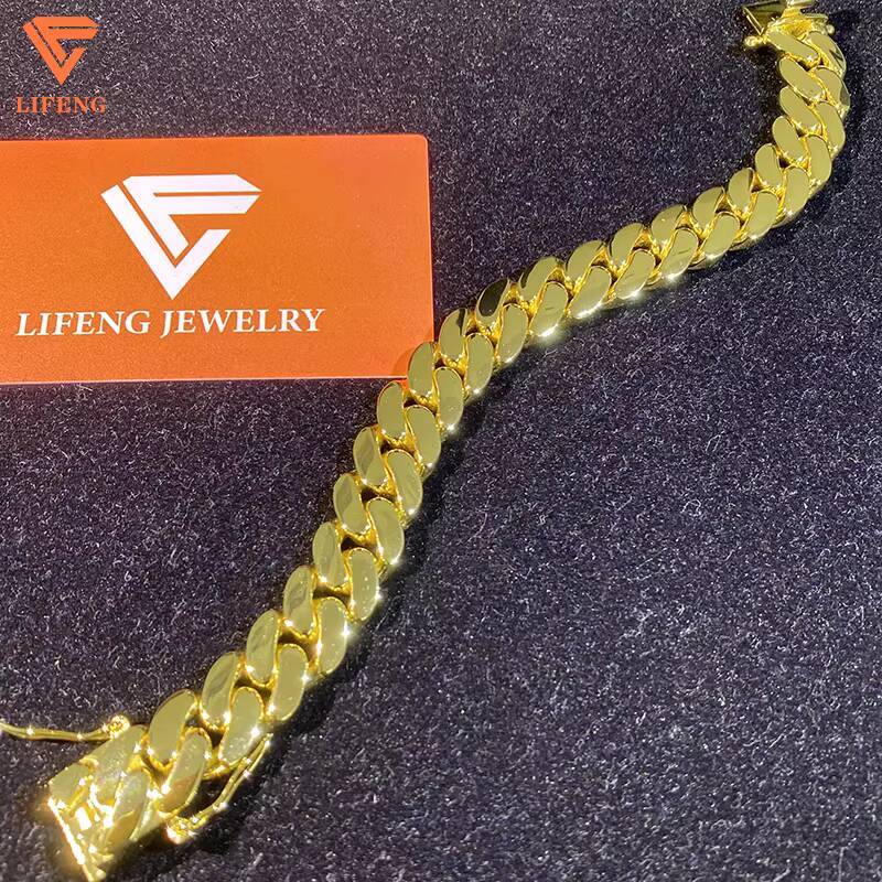 Lifeng Jewelry 14MM Yellow Gold Plated Men Hiphop Smooth Cuban Link Chain 925 Sterling Silver Luxury Miami Cuban Chain Bracelet