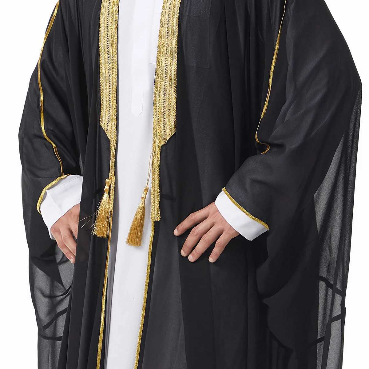 Muslim Mens Long Sleeves Embroidery Ankle Length Cardigan Robe Chiffion Islamic Kaftan W251216