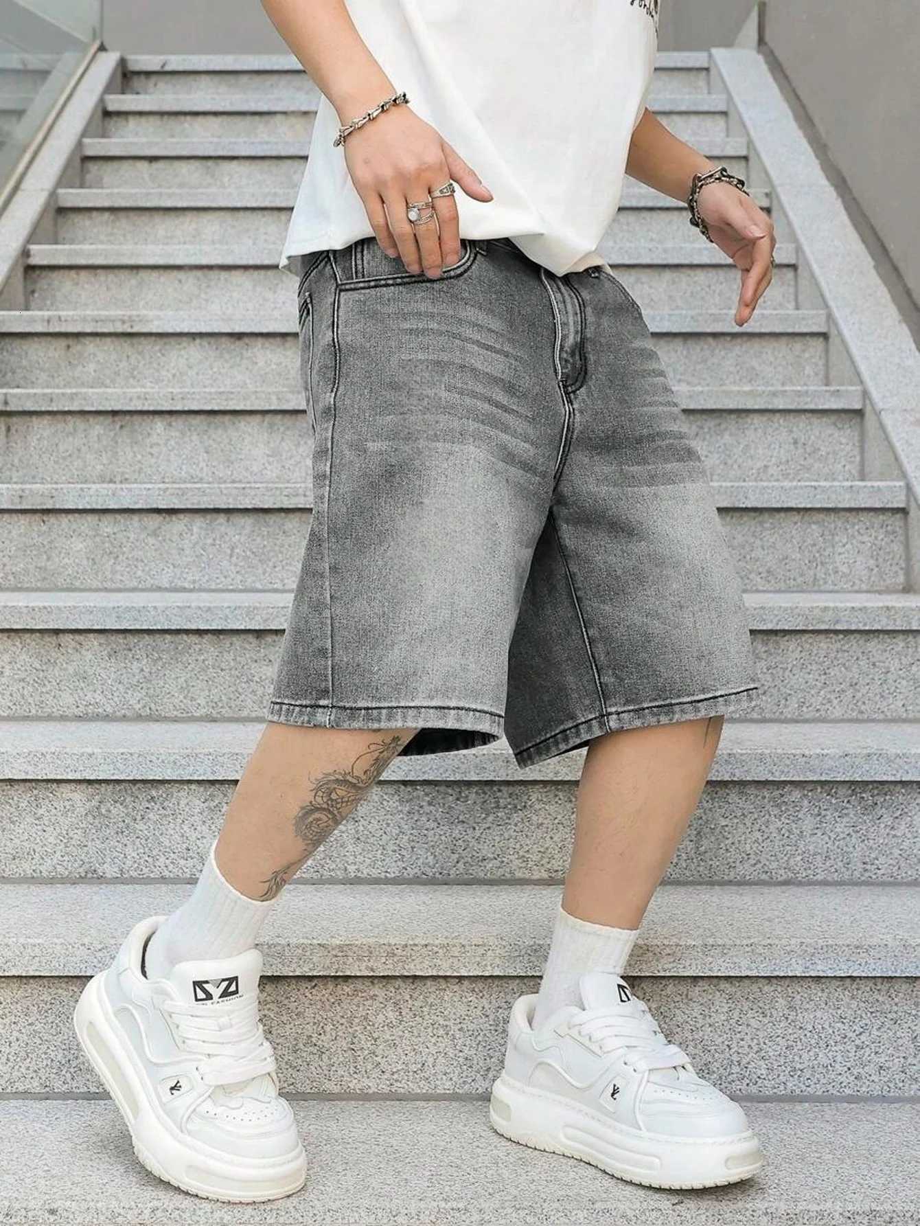 Men loose fit casual denim jorts lightweight solid color design non stretch comfortable daily wear gray black light color shorts X260417
