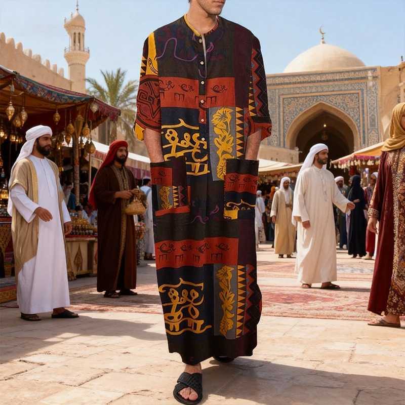 Mens Muslim Robes Ethnic Graphics Printed Long Sleeve Cotton Pockets Robes Casual Islamic Arab Kaftan Dubai Kaftan 2025 New W251216