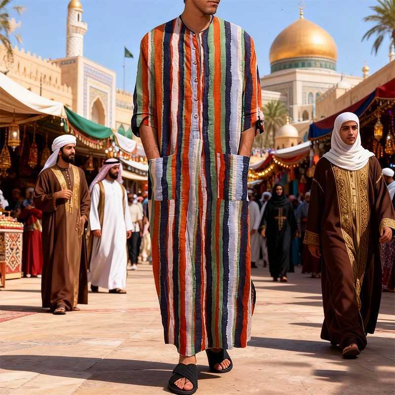 New Men Islam Qamis Muslim Striped Robes Long Sleeve Button-down Arabian Kaftan Suit Middle East Dubai Abaya Summer Man Clothing W251216