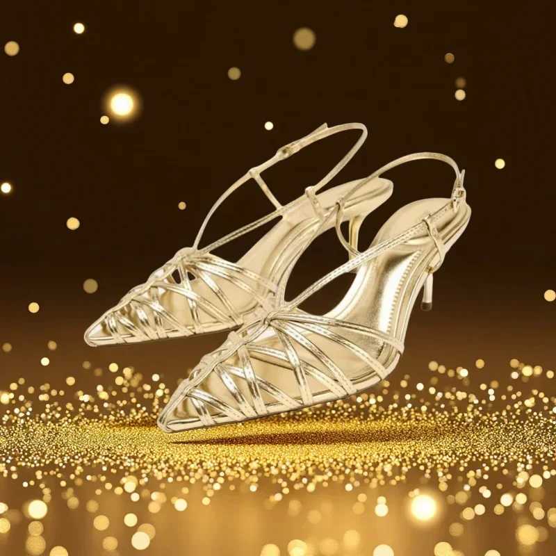 Luxury Gold Narrow Strap Hollow High Heels Women Sexy Pointed Toe Backless Designer Sandals Elegant Fashion Banquet Wedding Shoe X260417