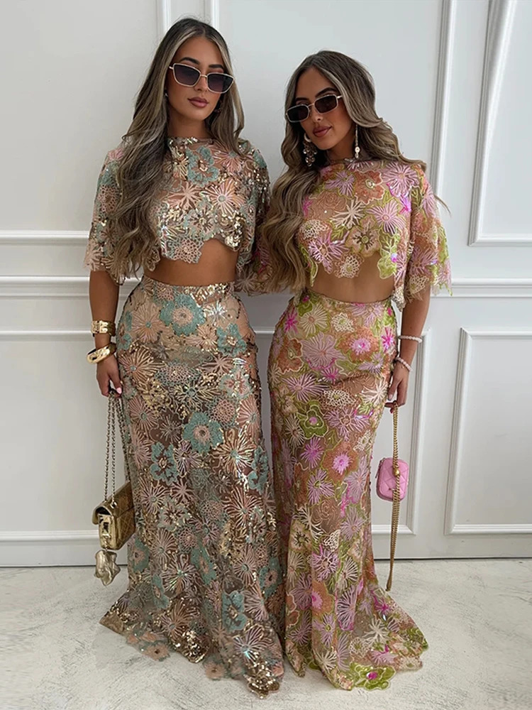 Retro Embroidered Sequins Top Long Skirt Set Lady Sexy Irregular Short Tops Perspective Beads Skirts Sets Women Chic Street 260416