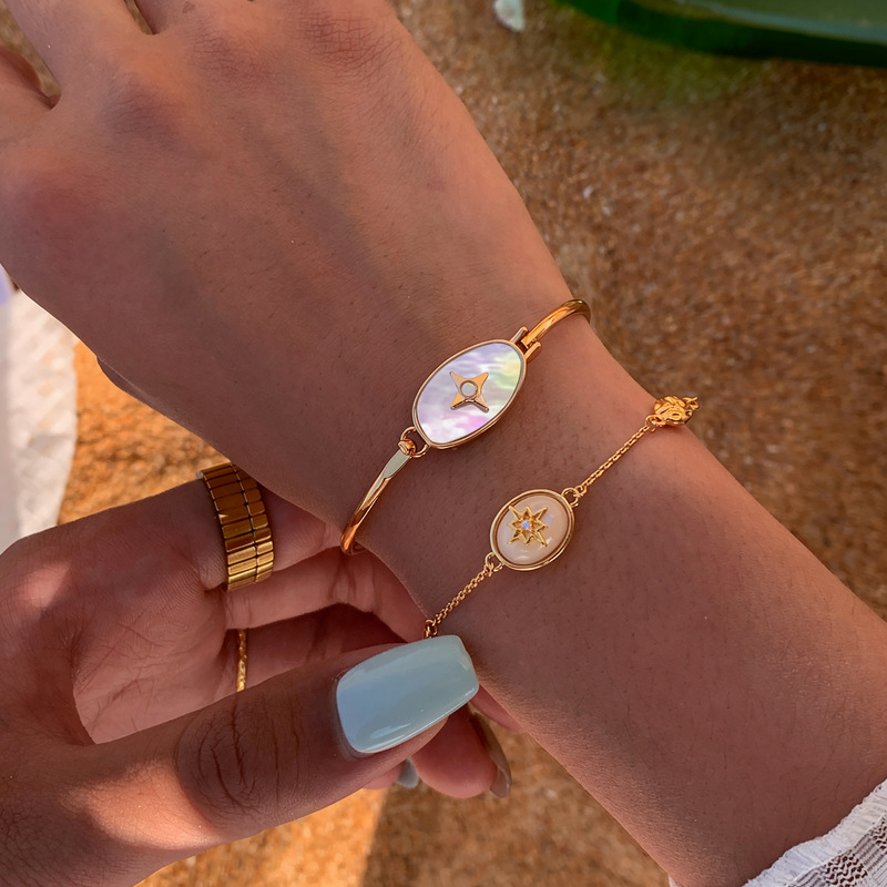 18k real gold plated oval mother-of-pearl star fashionable elegant metal style bracelet, light luxury and high-end feel jewelry - view 5