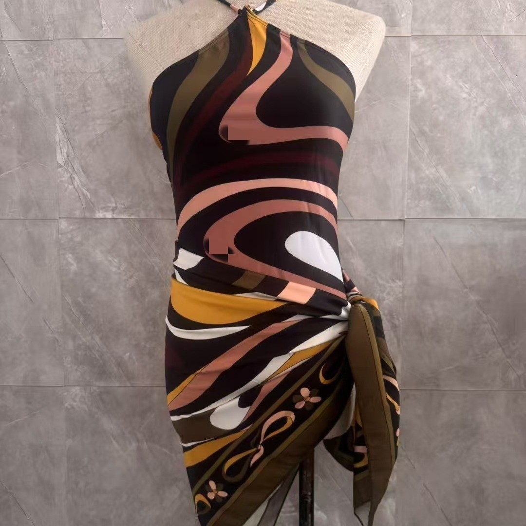 Womens Hollow Out One-piece Swimsuits And Skirt Geometry Print Sexy Bikini Fashion Beach Bathing Suit 250327