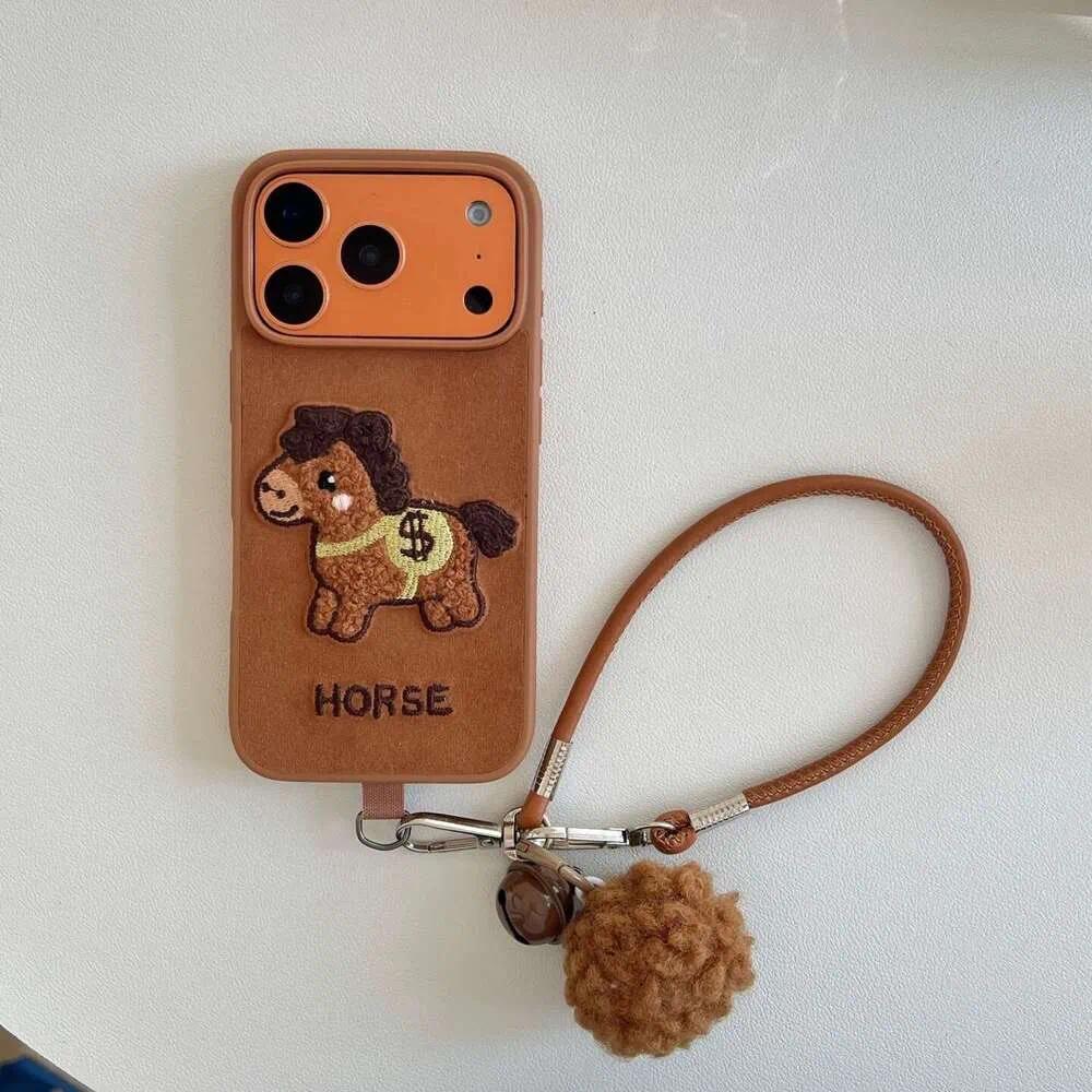 Phone case for iPhone Plush horse embroidered phone case for Apple 17 Pro Max phone case for iPhone iPhone 17 16 15 14 13 with Hand Strap and Pom-Pom Soft Case