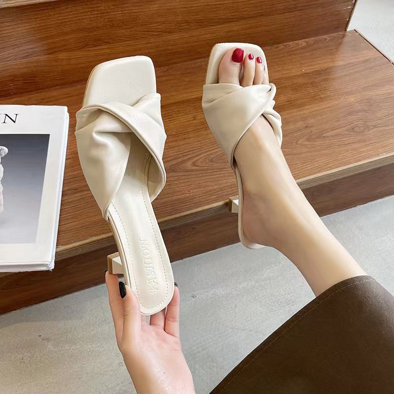 Women Twisted Knot Low Kitten Heel Mules, Square Open Toe Backless Slip On Soft Leather Casual Summer Dress Slide Sandals