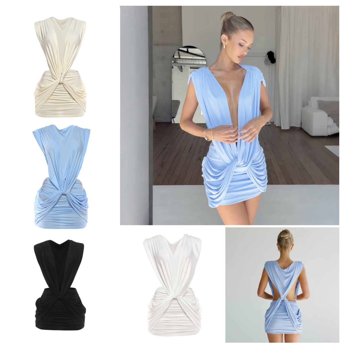 Casual Dresses Sisterlinda Cross Ruched Dress Women Sexy Deep V-Neck Sleeveless Backless Hollow Patchwork Peach Hip Stretch Slim Party