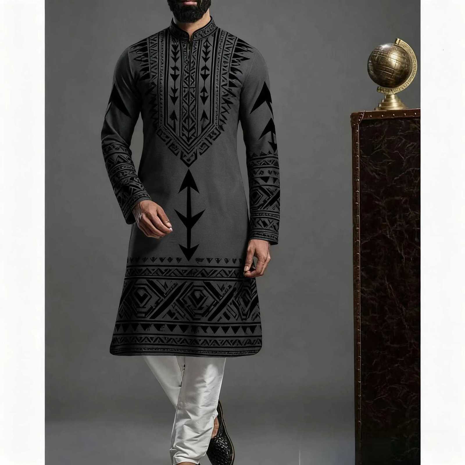 2026 Men Muslim Shirts Patchwork Neck Long Sleeve Vintage Men Clothing Islamic Arabic Casual Male Islamic Clothing Men W251216