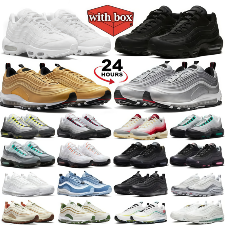 With box 95s 97s sneakers for men women running shoes Triple Black White Neon Pink Sean Wotherspoon Slive mens womens Black outdoors sports sneakers size eur36-45
