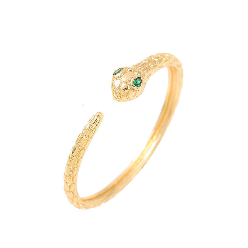 European And American Style Personalized Light Luxury Snake-Shaped Open Cross-Border Four-Leaf Clover Bracelet, 14K Gold, Pure Copper Material, Zircon