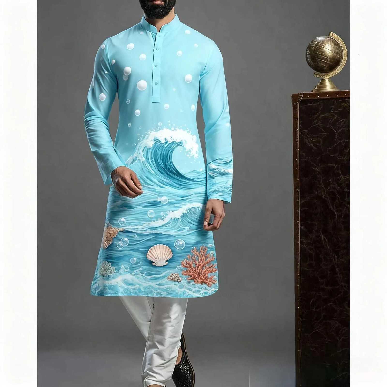 Mens Islamic Arabic Abaya Robe Ethnic Print Stand Collar Youth Mid-length Shirt Luxury Coat Casual Turkish Suit For Men W251216