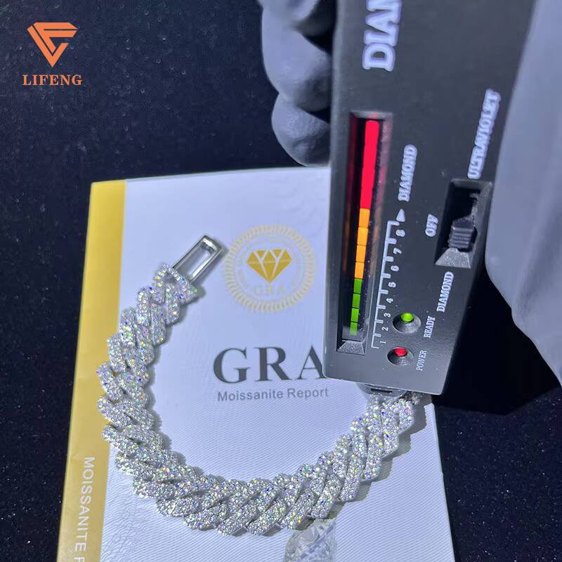 Lifeng Jewelry Custom Name Cuban Link Chain Bracelet Ice 14MM 2rows VVS Moissanite Silver White Gold Plated Cuban Chain