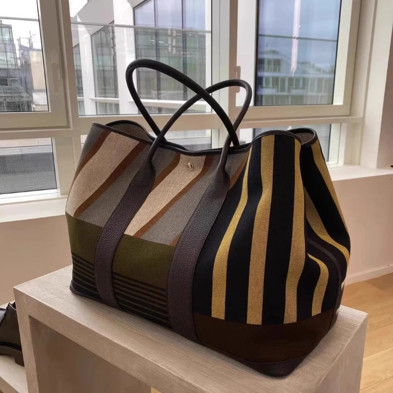 y Striped Canvas Tote Bag with Leather Trim and Rolled Handles Large Garden Party Shopping in High Quality Materials 260416