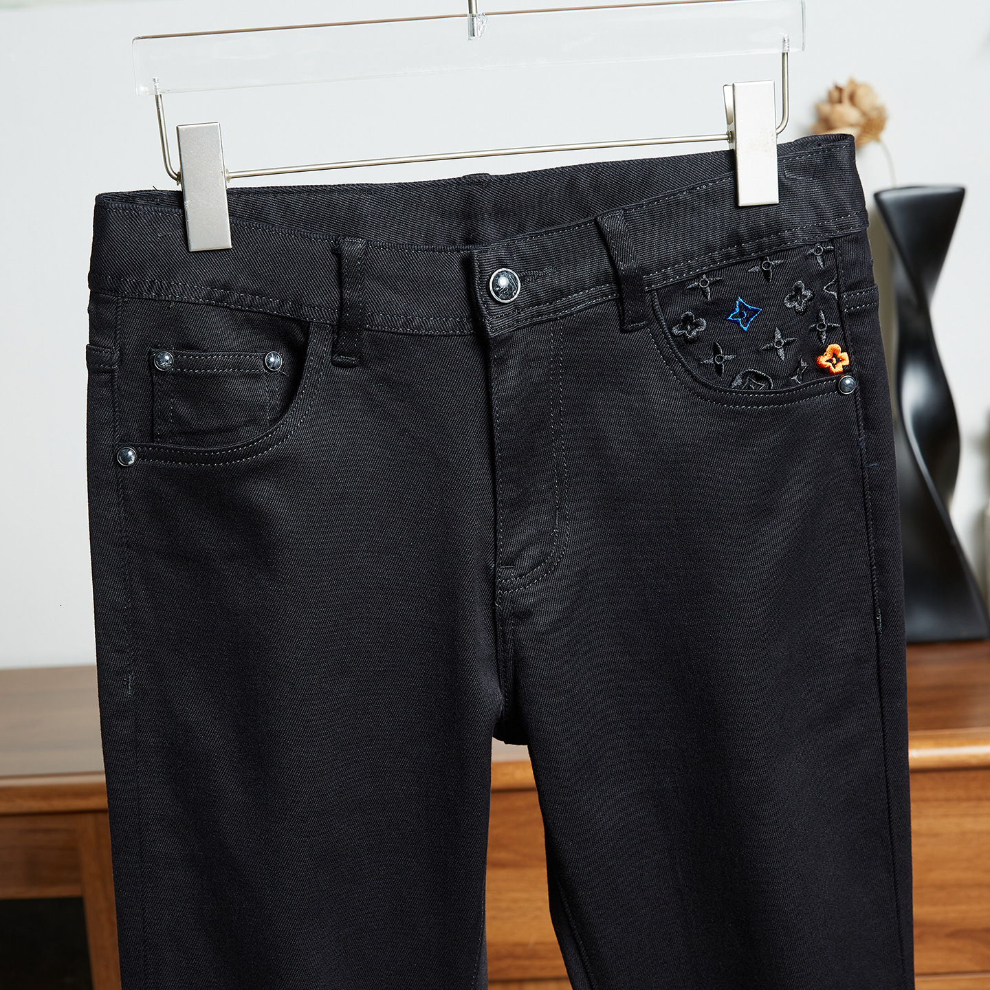 Designer Jeans Men's Pure Black Thick-fabric Tight-fitting Jeans With A Slim Design Straight Silhouette Trendy Brand Multi-functional Casual Pant