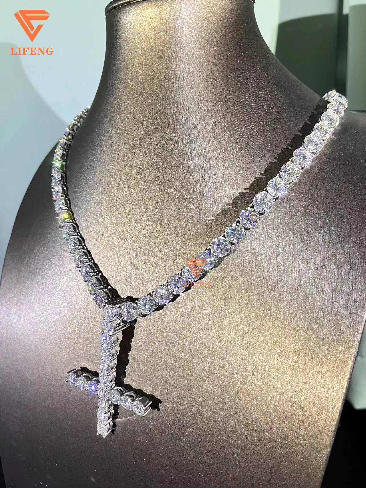 Lifeng Jewelry Ice Out Hiphop Tennis Chain Necklace 8mm VVS Moissanite 925 Sterling Silver Diamond Bling White Gold Necklace