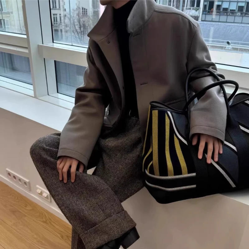 y Striped Canvas Tote Bag with Leather Trim and Rolled Handles Large Garden Party Shopping in High Quality Materials 260416