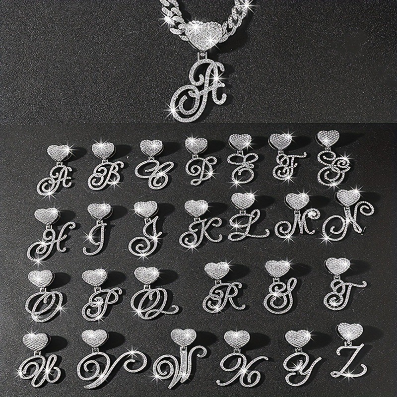 Hip Hop Cursive Initial Letters Crystal Pendant Cuban Necklace For Women Iced Out Prong Cuban Link Chain Necklace Jewelry 240813