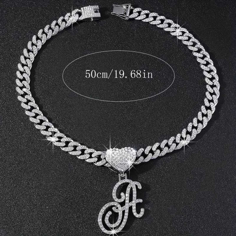Hip Hop Cursive Initial Letters Crystal Pendant Cuban Necklace For Women Iced Out Prong Cuban Link Chain Necklace Jewelry 240813