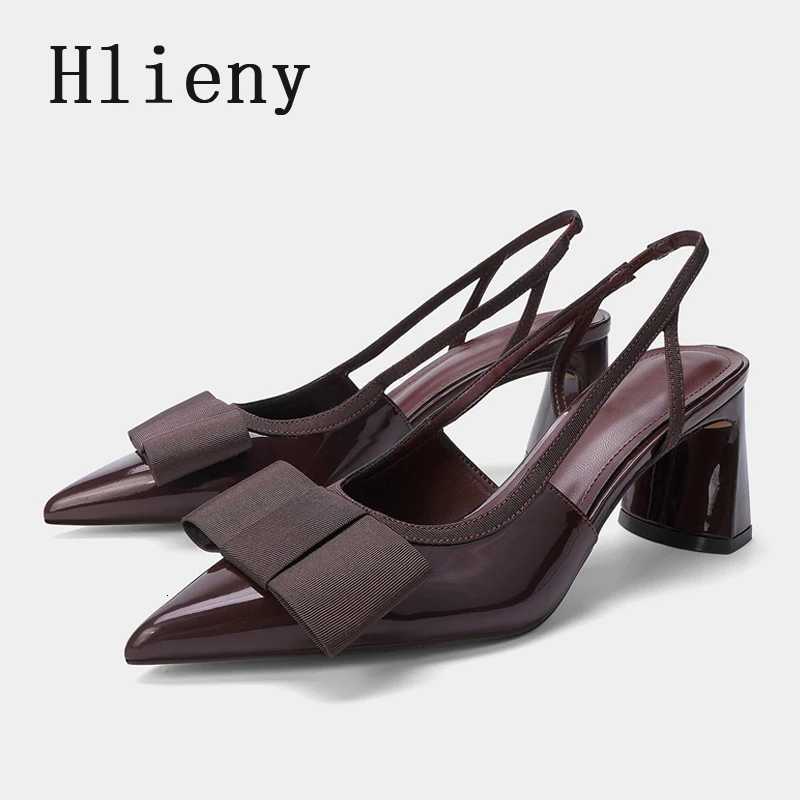 Hlieny Vintage Brown Elastic Butterfly Knot Designer High Heels Sandals Patent Leather Pointed Toe Slingbacks Shoes Women Pumps X260417