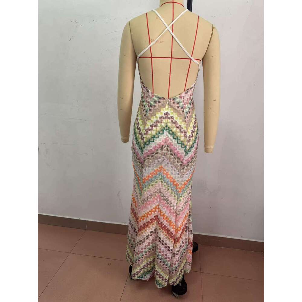 Women's Multicolor Crochet Halter Maxi Dress, V-Neck Sleeveless Chevron Pattern Knit Dress, Bohemian Beach Cover-Up for Summer Vacation