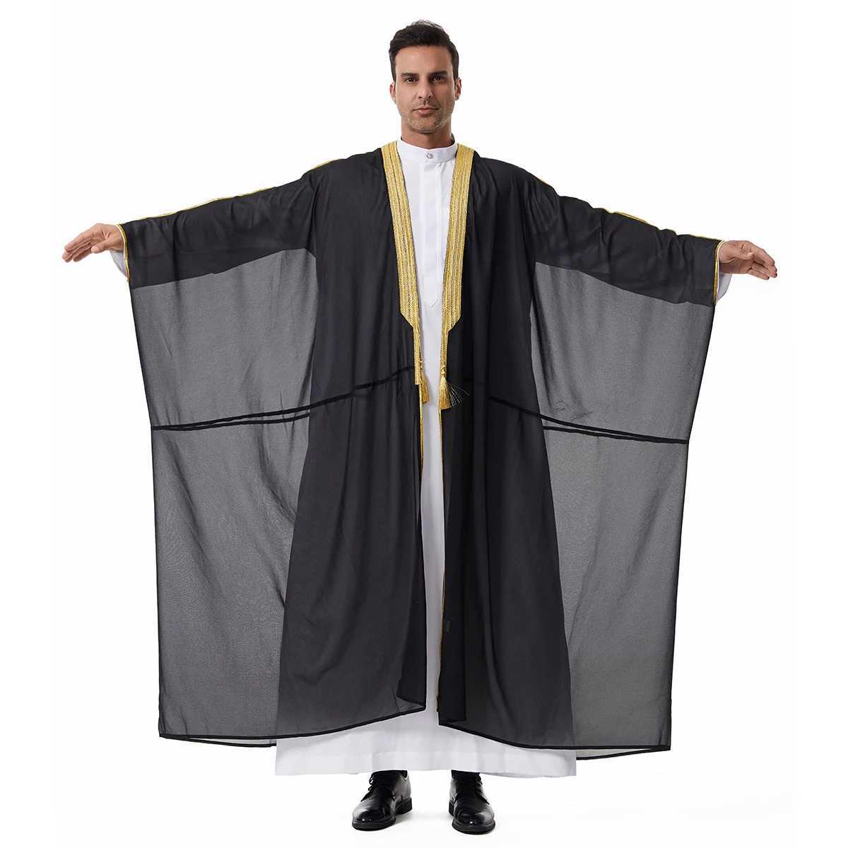 Muslim Mens Long Sleeves Embroidery Ankle Length Cardigan Robe Chiffion Islamic Kaftan W251216