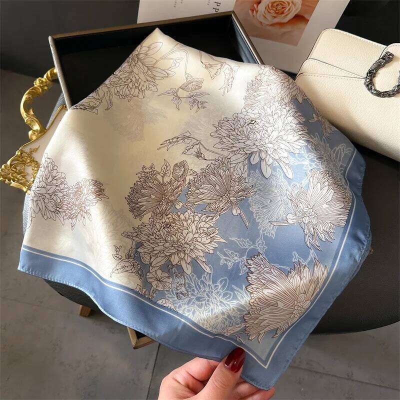 Luxury Floral Print 70cm Square Silk Scarf Women Designer Scarves Bandana Foulard Shawl Hijab Echarpe Hairband Tie Ribbon 26Y0417