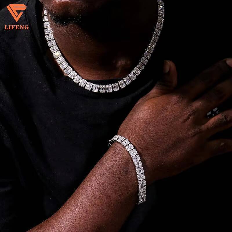 18K Gold Plated 925 Sterling Silver Fashion Tennis Chain Necklace With Emerald Baguette Cut VVS Moissanite Diamond for Men Women