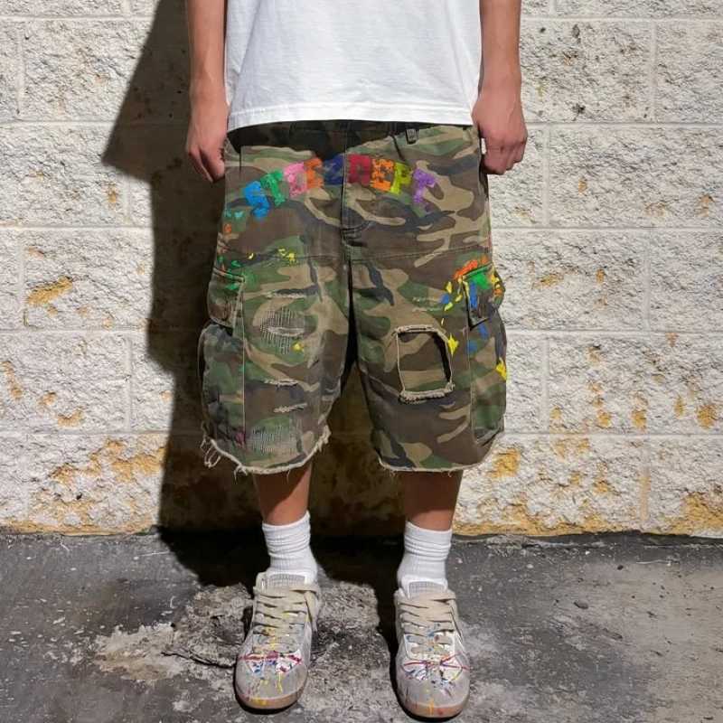 Y2K American Cargo Shorts Paint Splatter Camouflage Pattern Bottom New Trendy Retro Hip Hop Streetwear Unisex Baggy Short Pants X260417