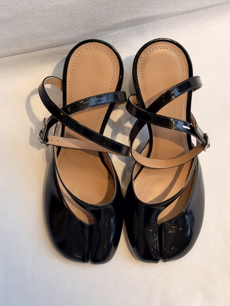 Women Patent Leather Tabi Split Toe Heeled Sandals, Ankle Strap Buckle Chunky Block Mid Heel Backless Vintage Mary Jane Shoes