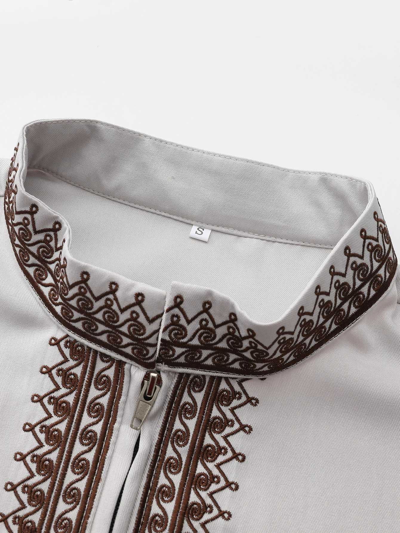 Moroccan mens thobe long sleeve ethnic style embroidered stand collar zipper design Muslim mens fashionable Abaya Arabic fest W251216