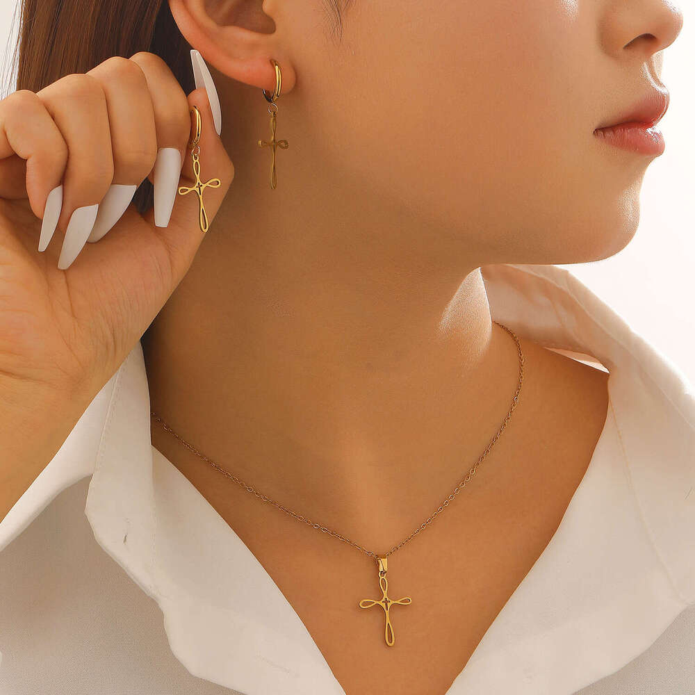 Cross-Border Cross Necklace Stainless Steel Collarbone Chain And Earring Set, Exquisite, Simple, Personalized, Versatile Daily Accessory For Women